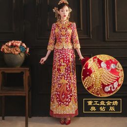 Ethnic Clothing Chinese Bride Xiuhe Traditional Beaded Embroidery Wedding Dress Dragon Phoenix Coat Women Bridal Sets 231212