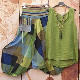 Women's Two Piece Pants 2 Pcs/Set Women Vest Set Patchwork Casual Loose Sleeveless Vintage Ethnic Style Lady Top Female Clothes