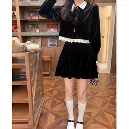 Work Dresses Spring Autumn Velvet Suit Long Sleeve Lace Crop Tops Pure Colour Slim Mini Skirt Woman Vintage 2 Piece Dress Set Korean Fashion