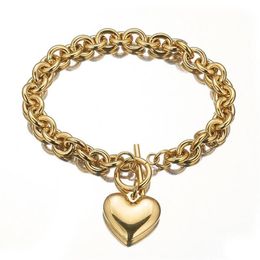 Whole Or Retail Charming 316L Stainless Steel Silver Colour Gold Rolo Oval Link Chain With Solid Heart Mens Womens Bracelet279Y