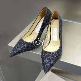 Chooo Heels Wedding Shoes Flat Designer Sandals Elegant Women's Navy Blue Diamond Heels Classic Shallow Rhinestone Sexy Women's Party Wedding Heels 8cm