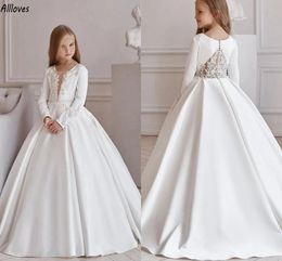 Ivory Satin Flower Girl Dresses O-neck Long Sleeves Rhinestones Beaded Little Girls Formal Party Wedding Gowns Sweep Train Toddlder First Communion Dress CL3048