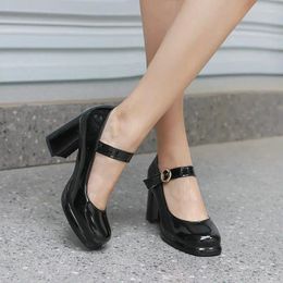 Dress Shoes PU Patent Leather Green Navy Blue Closed Toe Mature Ladies Office Pumps Buckle Strap Vintage Women Mary Janes Block Heels