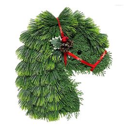 Decorative Flowers Horse Head Wreath Artificial Pine Branches For Front Door With Red Ribbon Decor