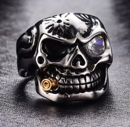 2018 Fashion Casted Stainless Steel Halloween Rock Punk Skull Ring With Cubic Zirconia Bullet Biker Ring Size 8137536521