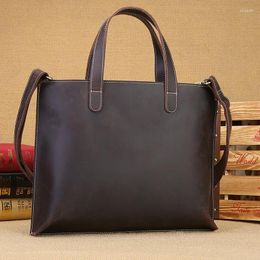 Briefcases Crazy Horse Leather Briefcase Bag For Men Genuine Cowhide Executive Laptop Office Handbag Shoulder Business Boston Square