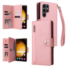 Rivet Folio Zipper Phone Case for iPhone 15 14 13 Pro Max Samsung Galaxy S22 S23 S24 Ultra S23FE S21FE A13 5G A33 A53 A73 A04E A23 A22E A23E A23S Leather Wallet Chain Shell