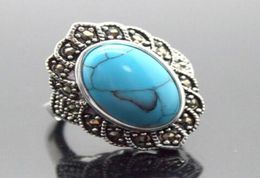 17X30mm Blue Turquoises Oval Gem 925 Sterling Silver Marcasite Ring Size 789106413845