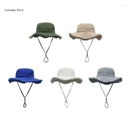 Berets Adult Frayed Bucket Hat Anti-Uv Wide Brim With Adjustable Chin Rope