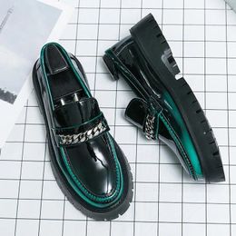 Dress Shoes Fashion Green Shiny Men's Leather Loafers Quality Height Increasing Luxury Mens Slip-on Round-Toe Office