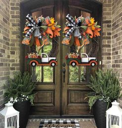 New Halloween Farmhouse Wreath Decorations Vintage Kitchen Thanksgiving Pumpkin Truck Wreath Window Door Wall Decor Hanging 2021 Y8189253