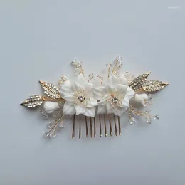 Hair Clips SLBRIDAL Handmade Ins Style Ceram Flower Leaf Crystal Pearl Bridal Comb Chain Wedding Headband Accessory Women Jewelry