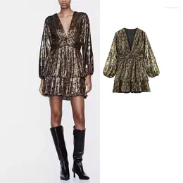 Casual Dresses Gold Ruffle Mini Dress Woman Foil Short For Women Pleated Vintage 2023 Long Sleeve Elegant Party