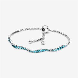 100% Sparkling Link Chain Blue Wavy Slider Bracelets 925 Sterling Silver Adjustable Cubic Zirconia Bracelet Fashion Women Wedding 2778