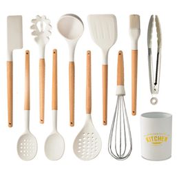 Cooking Utensils High Quality Silicone Kitchen Set Cookware Temperature Resistant NonStick Wooden Handle Baking Tools 231213