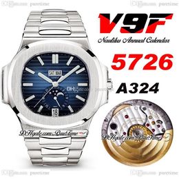V9F 5726 Annual Calendar A324 Automatic Mens Watch D-Blue Textured Dial Moon Phase Stainless Steel Bracelet Super Edition Puretime251M