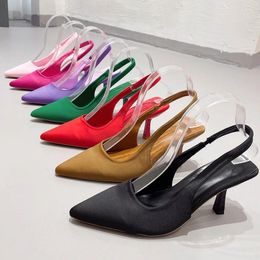 Sandals 2024 Summer Fashion Brand Women Silk Satin Pumps Back Strap Slip On Ladies Elegant Slingback Kitten Heels Shoes Mules