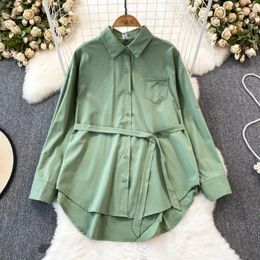 Women's Blouses Korean Fashion Women Blouse Sales Turn-down Collar Lapel Single Irregular Lace Up Shirts Autumn Casual Female Tops Drop