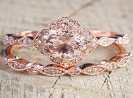 2 PcsSet Crystal Ring Jewelry Rose Gold Color Wedding Rings For Women Girls Gift Engagement Wedding Ring Set2391495