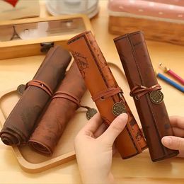 1pc Creative Treasure Map Retro Canvas PU Large Capacity Roll Pencil Pack Minimalist Stationery Box