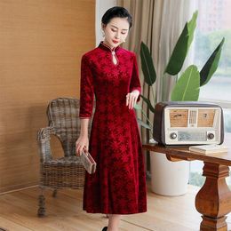 Ethnic Clothing Burgundy Velvet Qipao Slim A-line Chinese Dress Women Retro Mandarin Collar Cheongsams Casual Prom Party Vestidos Dresses