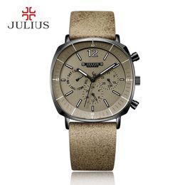 JULIUS Real Chronograph Men's Business Watch 3 Dials Leather Band Square Face Quartz Wristwatch Watch Gift JAH-0982046