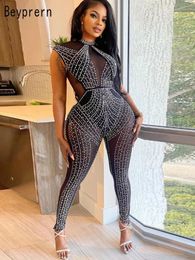 Women's Jumpsuits Rompers Beyprern Women's Hollow Out See Through Black Crystal Jumpsuits Perspective Fitted Sequins Romper Long Pant Overalls Clubwear 231213