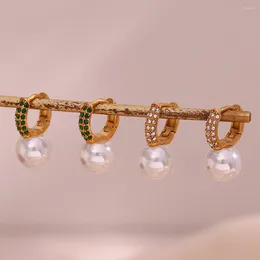 Hoop Earrings Cute Dainty Ladies Steel Earring With Pearl Crystal Emeraled Green Rhinestone Paved Huggies For Woman