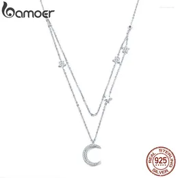 Pendants BAMOER Genuine 925 Sterling Silver Moon & Star Double Layers Chain Necklaces For Women Jewelry BSN038