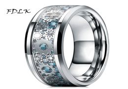 Wedding Rings Mens Steampunk Gear Wheel Stainless Steel Ring Dragon Inlay Light Blue Carbon Fibre Gothic Band Size 6138288540