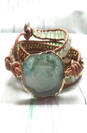 ST0103 Top Quality Women Bracelets Natural Green Aventurine 3 Wrap Leather Bracelet Fancy Handmade Femme Boho Bracelets8126076