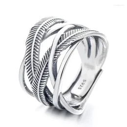 Cluster Rings 813FJZFSILVER Silver 925 Fashion Adjustable Luxury Creative Retro Irregular Feather Line Crossing Ring For Women Wedding