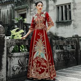 Ethnic Clothing Wedding Dress Red Flower Embroidery Sequin Decoration Women's HighEnd Xiuhe Chinese SlimFit Dragon and Phoenix Gown 231212