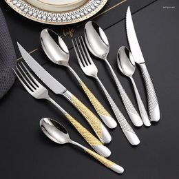 Dinnerware Sets 304 Stainless Steel Steak Knife Fork Spoon Hammer Point Texture High-grade Star Diamond Gold Tableware Four-piece Set Gift