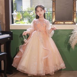 Princess Pink Flower Dresses Vintage Long Sleeve Sheer Crew Neck Appliques Ruched Tulle Shiny Gown Cute Girl Formal Gowns Pageant Party Birthday Wears 403
