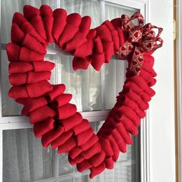 Decorative Flowers Valentine's Day Party Decor Romantic Heart Shaped Wreath With Plaid Bowknot For Front Door Outdoor