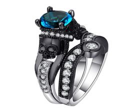 Hainon 2PCS Skull Ring Sets Women Men Punk Jewellery Charm BlackSilver Colour Round Cubic Zirconia Cluster Rings5093193
