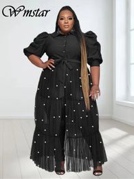 Basic Casual Dresses Wmstar Plus Size Women Dress Pearl Puff Short Sleeve Mesh See Through Maxi Sexy Chiffon Bulk Wholesale Drop 231213