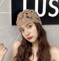 BeanieSkull Caps Hat Woman Handknitted Flowers Hollow Thin Cap Spring And Summer Lace Breathable Turban Crochet Toe Cotton Threa6402666