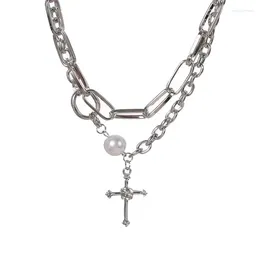 Pendant Necklaces Shiny Rhinestone Cross Double Layered Pearl Necklace Charm Girl Party Chunky Jewellery Gift For Women