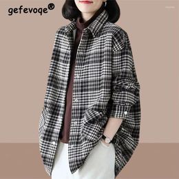 Women's Blouses Women Vintage Plaid Oversized Streetwear Thick Shirts Autumn Winter Casual Lapel Long Sleeve Jacket Y2K Female Cotton Tunic