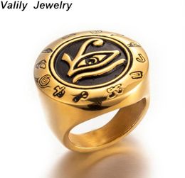 Cluster Rings Valily Men039s Stainless Steel Egypt Eye Of Horus Ring Gold Round Top Signet Protection Symbol Jewellery For Man5986251