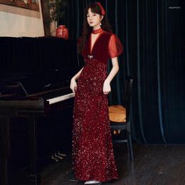 Ethnic Clothing Spring Bride Toast Dress Wine Red Engagement Banquet Women Sexy Dark V-neck Exquisite Sequins Bling Evening