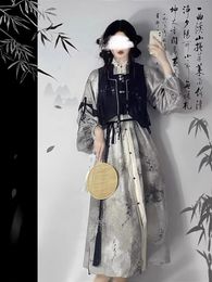 Ethnic Clothing Chinese Style Improved Hanfu Ink Wash Pattern Twopiece Dress Set 231212