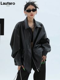 Women's Trench Coats Lautaro Spring Autumn Oversized Casual Waterproof Black Soft Pu Leather Jacket Women with Drop Shoulder Long Sleeve Fashion 231213