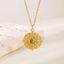 Pendant Necklaces French Stainless Steel Necklace For Women Luxury Gold Silver Color Blue Turquoise Round Link Chain Choker Mujer Jewelry