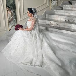 Stunningbride 2024 Роскошное романтическое бальное платье на молнии с квадратным воротником Свадебные платья с длинными рукавами и нежным бисером с жемчугом и аппликациями Свадебное платье принцессы