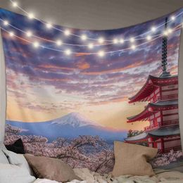 Tapestries Japan Mount Fuji Cherry Blossom Hippie Tapestry Fabric Wall Hanging Beach Room Decor Cloth Carpet Yoga Mats Sheet Sofa Blanket R231213