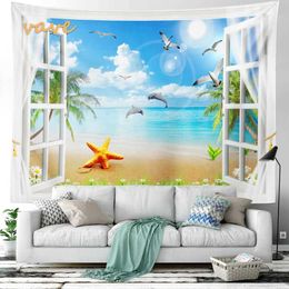 Tapestries Windows Tapestry Wall Hanging Boho Beach Sunset Landscape Palm Tree Cloth Fabric Large Tapestry Aesthetic Bedroom Dorm Decor