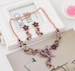 Europe Fashion Jewellery Sets Vintage Butterfly Pendant Rhinestone Flowers Elegant Necklace Earrings7798138